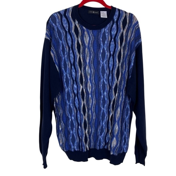 Cotton Traders Coogi Style 3D Textured Crewneck Sweater Blue 100% Cotton Sz XXL - Picture 1 of 16